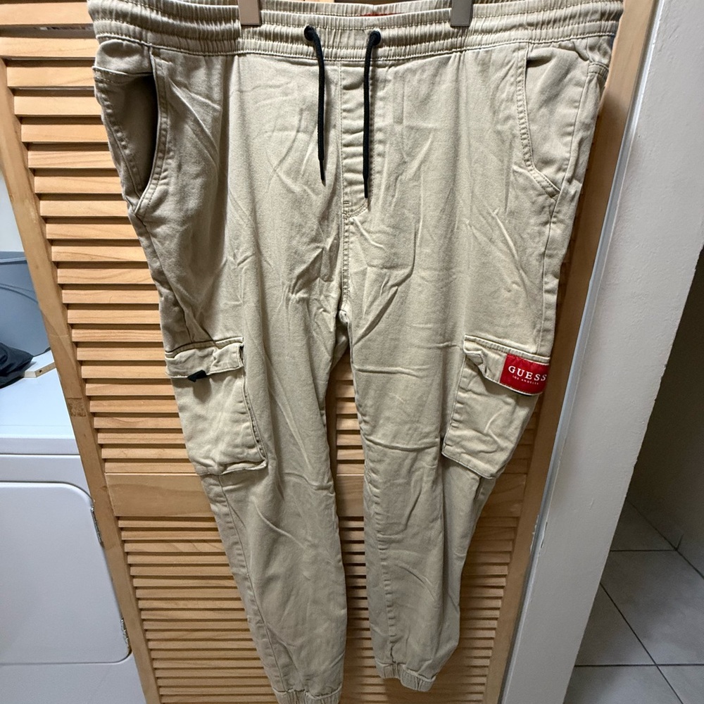 GUESS Men's Tan Cargo Jogger Pants with Red Logo Patch
